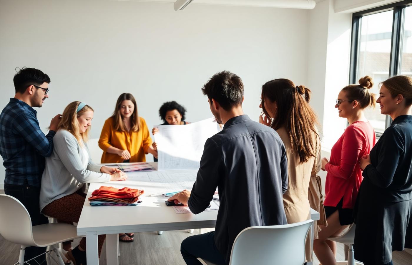 Textile engineers reviewing fabric swatches and technical drawings in a bright studio