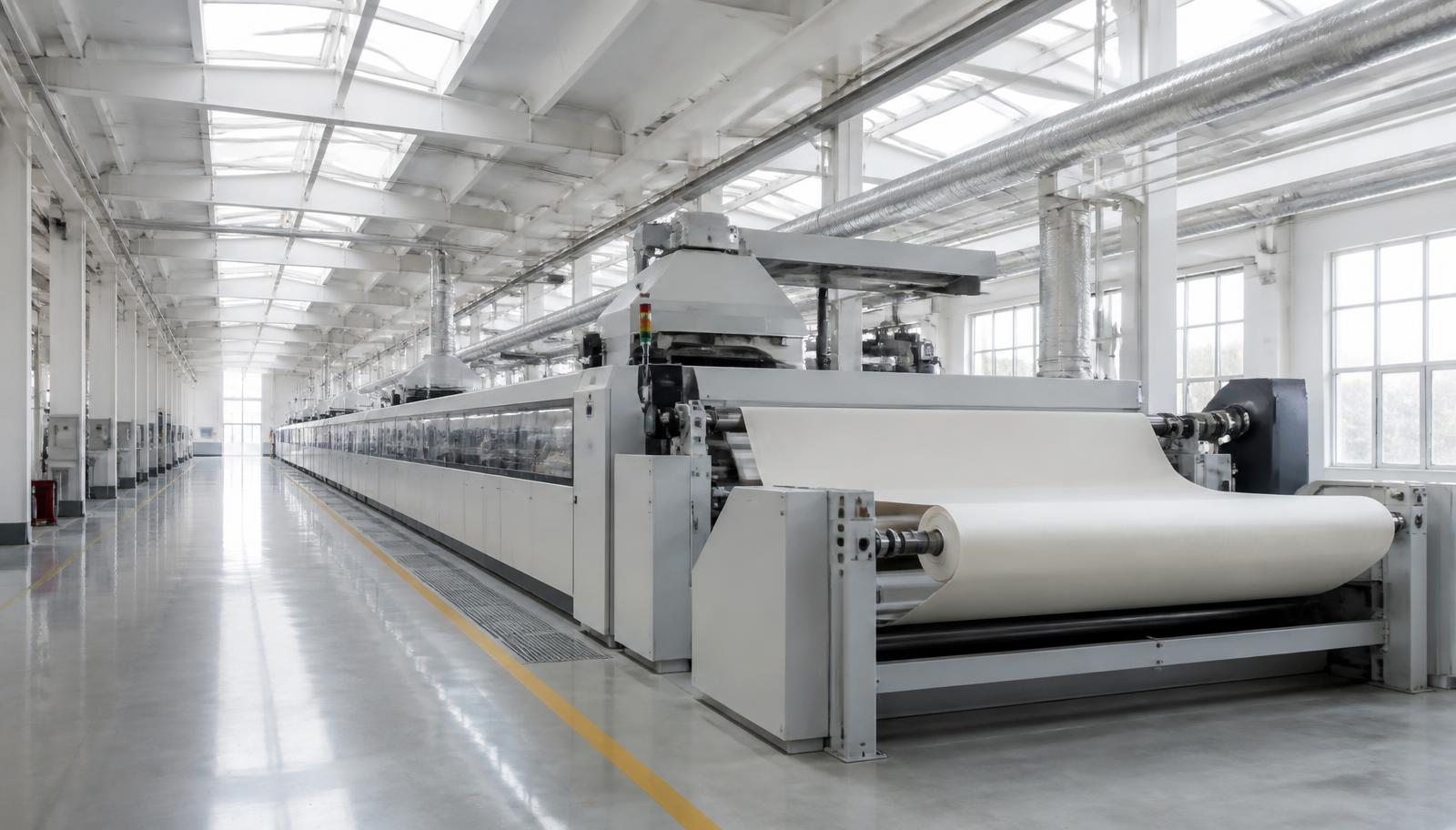 Bright modern textile finishing hall with a continuous stenter line