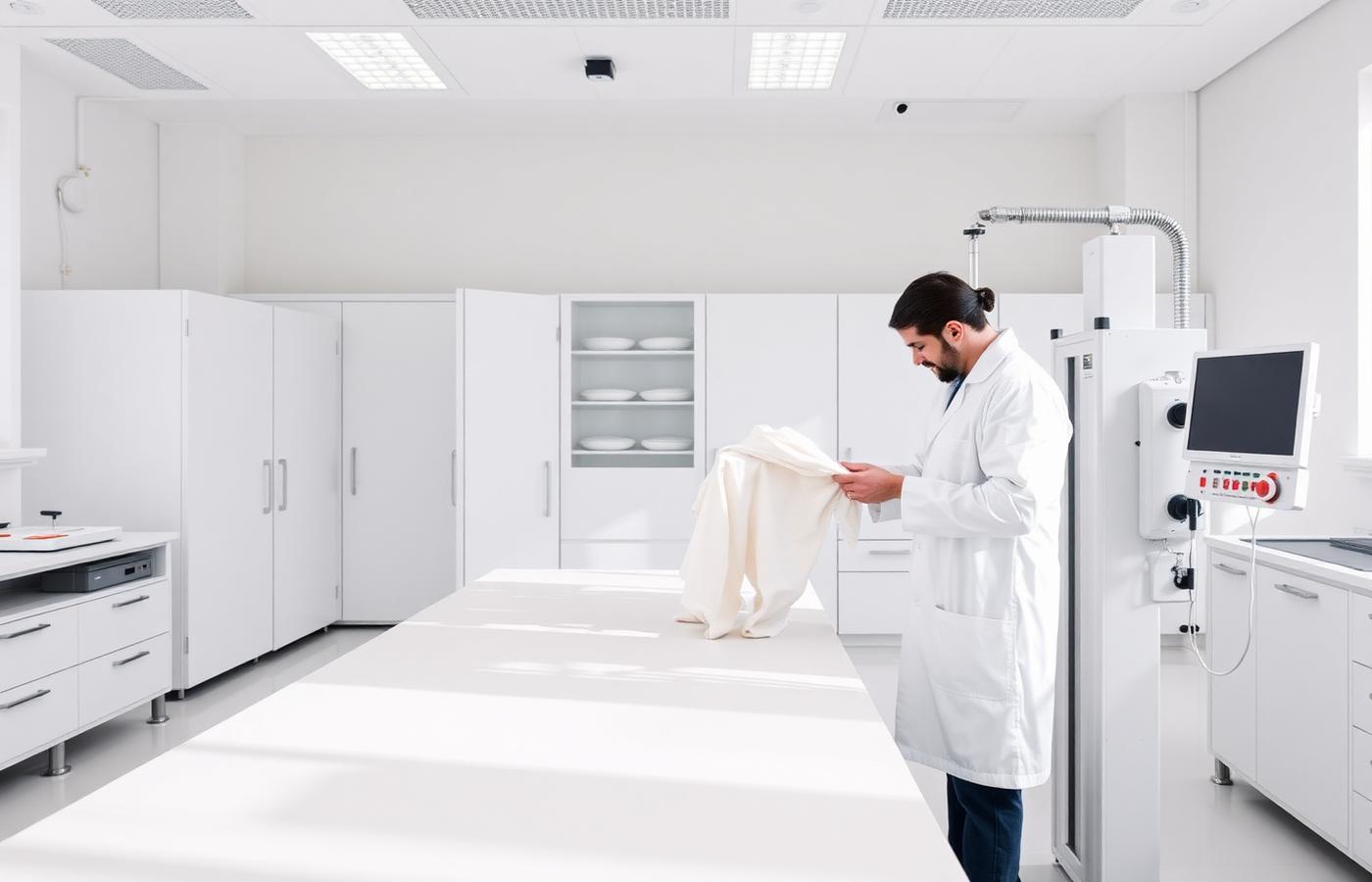 Technician evaluating a fabric sample in a bright textile testing laboratory