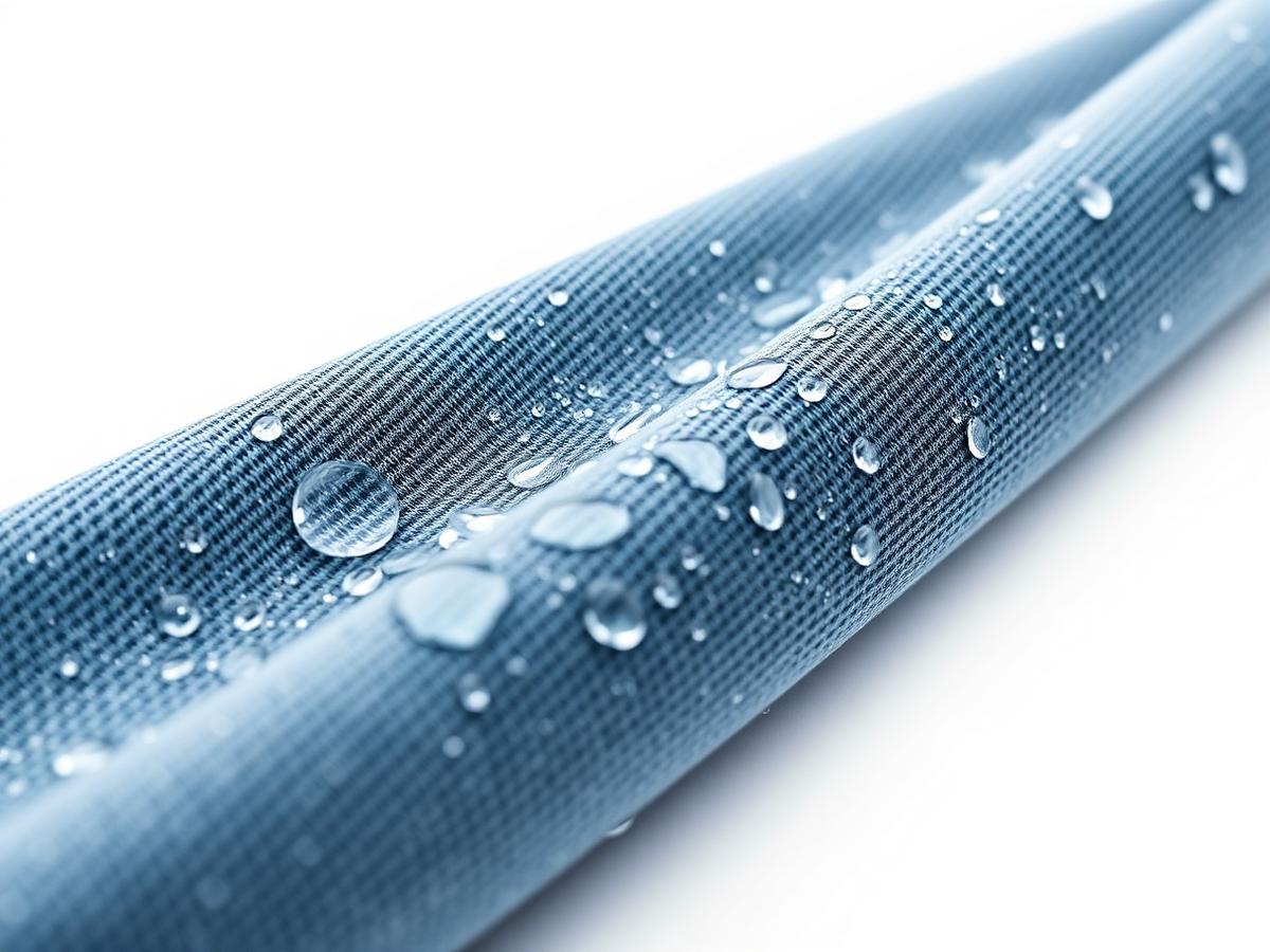 Macro close-up of breathable performance fabric with water droplets beading on the surface