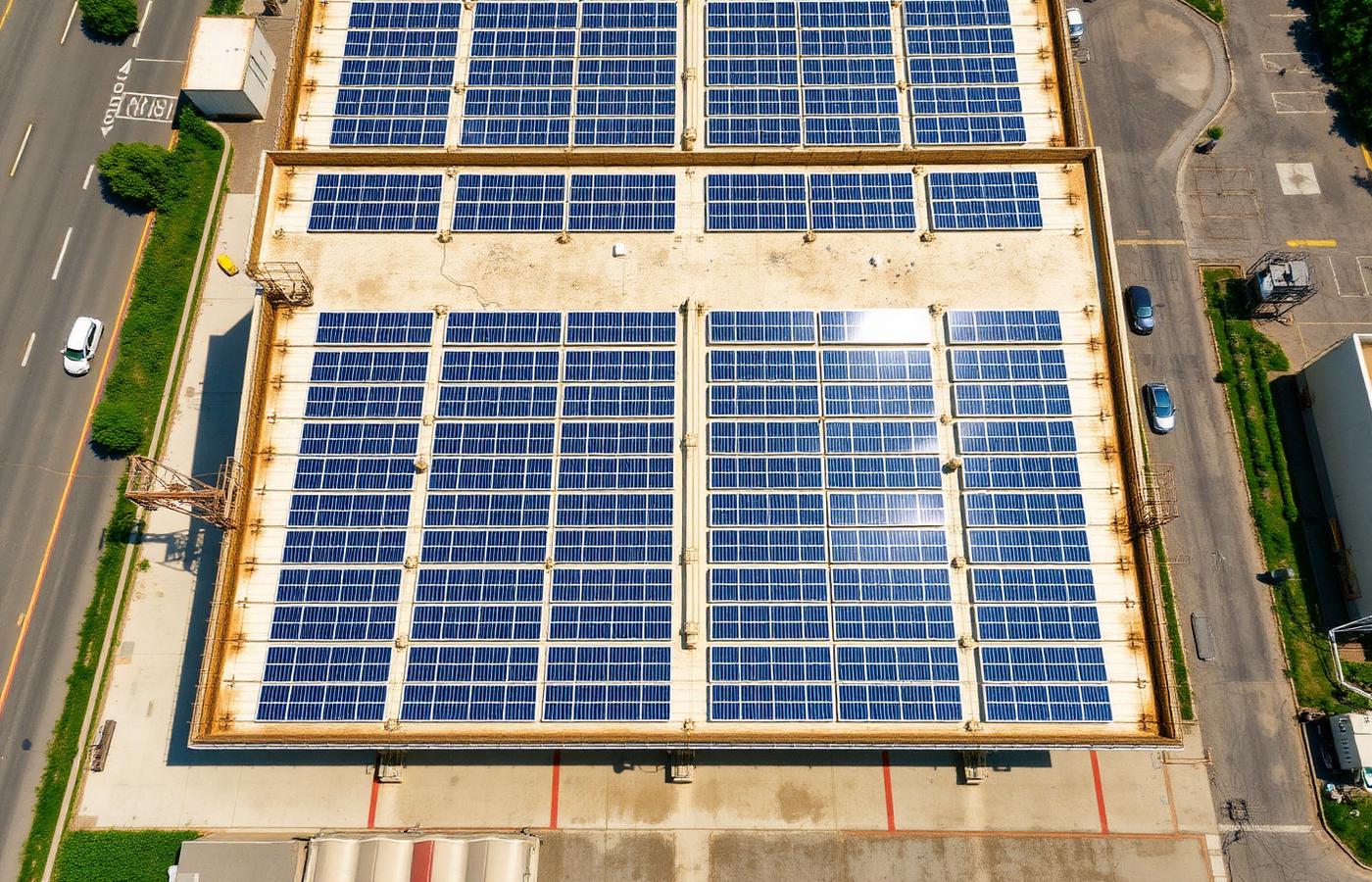 Aerial view of a rooftop solar array installed over an industrial textile facility